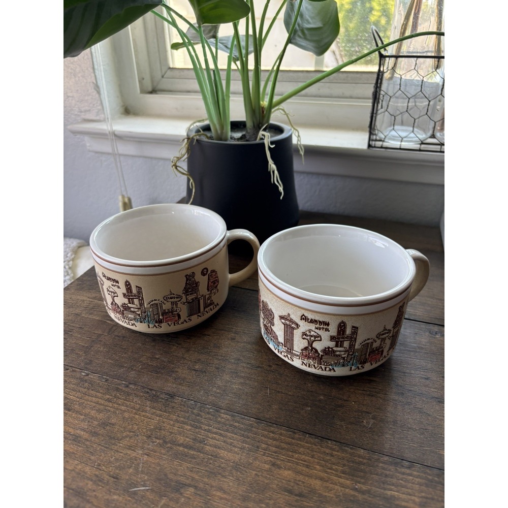 Las Vegas Nevada 70's Mug/Soup Aladin Sahara Stardust Flamingo Set of 2